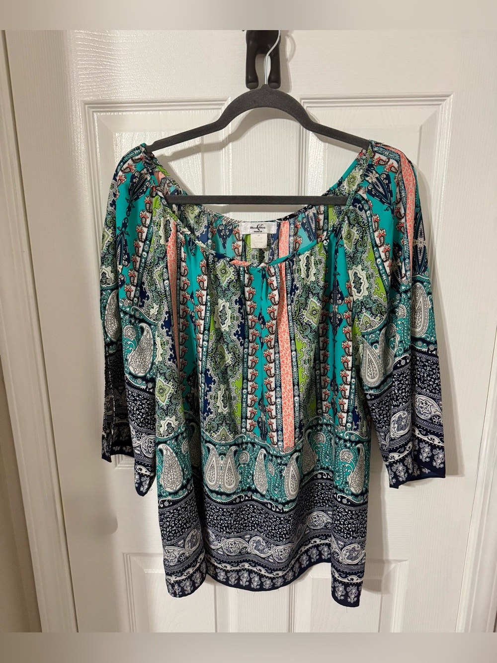 Moa Moa Turquoise Navy Green Orange Paisley Boho Peasant Top w/Split Sleeve 1X